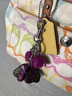 Coach Resin Leather Purple Silver Tea Rose Bag Charm Keychain